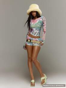 MUSERA Graphic Printed Mesh MIcro Hotpant Low Rise Short Only Spring Summer Holiday Vacation Ibiza Festival Y2K Psyche Fall Autumn Winter - White - View 1