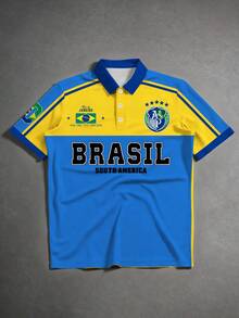 Aesthetic Post 复古美式风格 Polo 衫，黄绿撞色，印有 BRASIL 字母和五星徽章，宽松休闲运动上衣，男女通用图案 T 恤，足球/橄榄球周边产品 - 彩色 - 查看 4