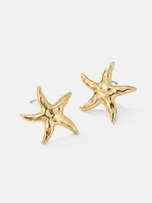 Lumivelle 1pair Stylish Elegant Asymmetrical Starfish Stud Earrings With Ocean Theme - Yellow Gold - View 3