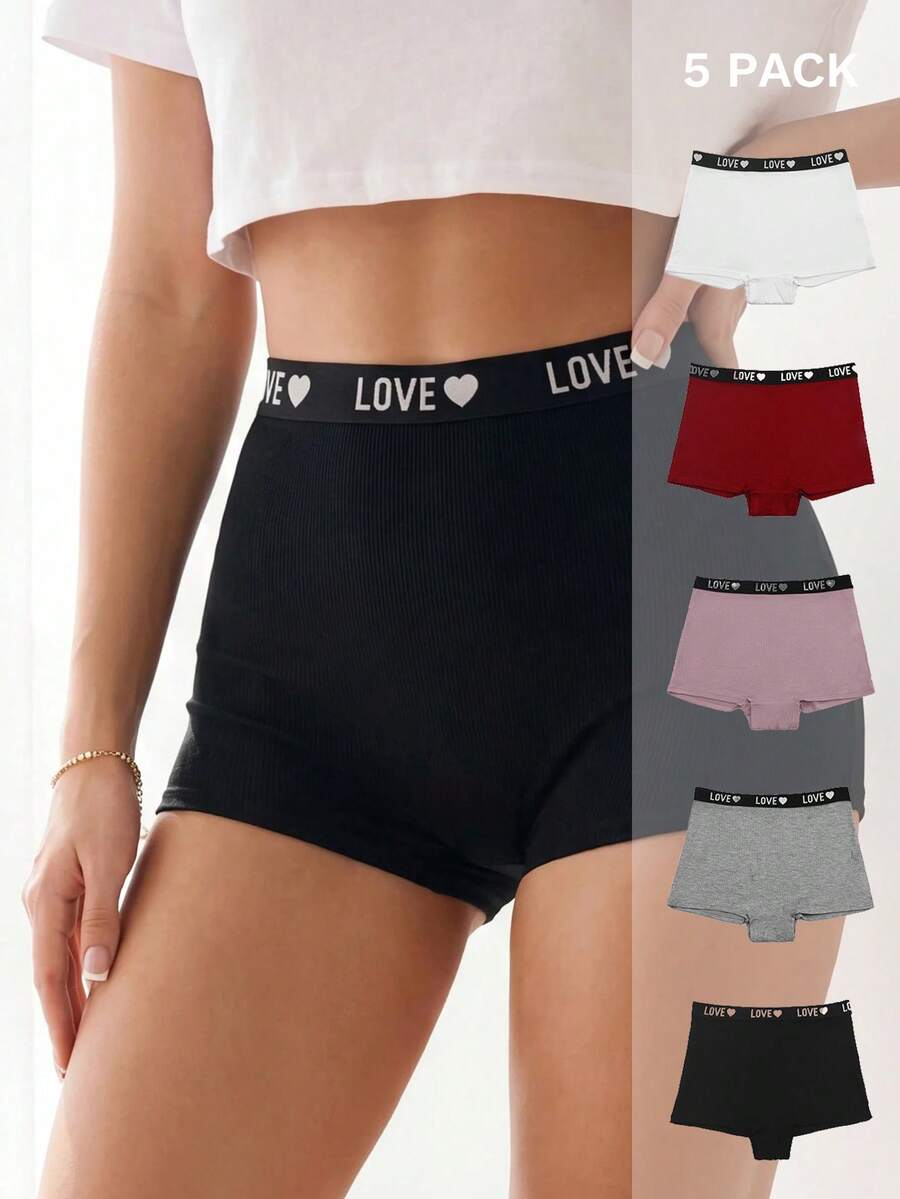 Love Contrast Color High-Waisted Women Boxer Shorts (Set Of 5) Sports - Multicolor - View 1