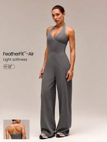 GLOWMODE 31" FeatherFit™-Air UPF50+ Chase Your Glow Wide-Leg Contrast Trim V-Neck Adjustable Halter Jumpsuit With Removable Cups Daily Casual Summer Wear - Dark Grey - View 1