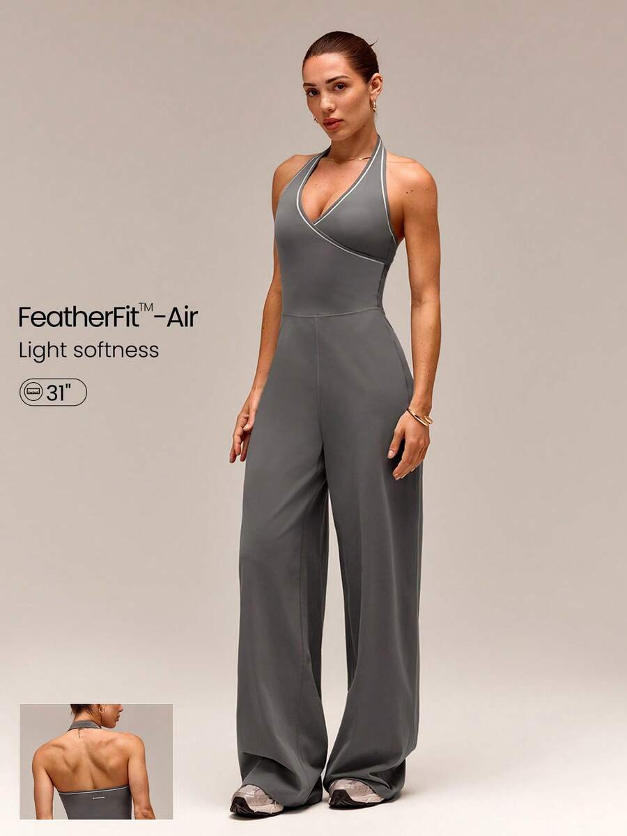 GLOWMODE 31" FeatherFit™-Air UPF50+ Chase Your Glow Wide-Leg Contrast Trim V-Neck Adjustable Halter Jumpsuit With Removable Cups Daily Casual Summer Wear - Dark Grey - View 1