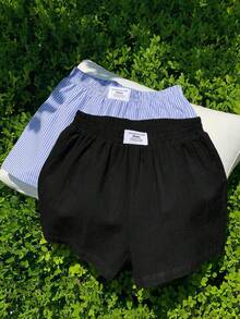 Comfortcana 2pcs/Set Celana Pendek Longgar Kasual Musim Panas Wanita, Set Lilitan Tali Serut Hitam dan Pita Linen, Cocok untuk Liburan Pantai, Sangat Pendek - MultiWarna - View 8