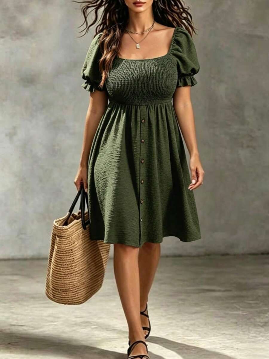 Breezaya Đầm cài nút tay bồng màu trơn cỡ lớn cho nữ - xanh quân đội - Xem 1