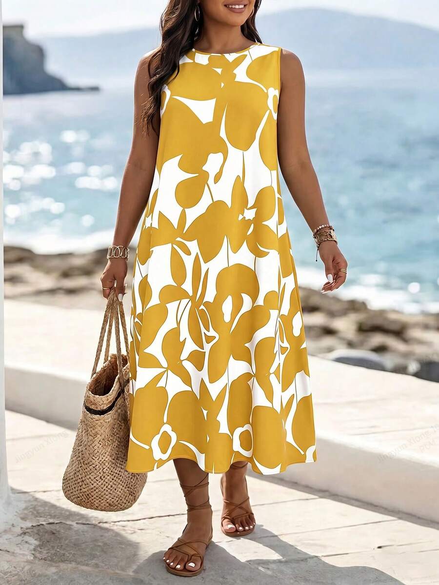 SHEIN LUNE CURVE Plus Size Round Neck Sleeveless All-Over Print Loose Casual Summer Dress - Yellow - View 1