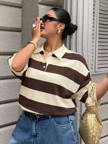 Dazy Plus 女款大尺碼休閒夏季拼接撞色條紋POLO領中袖寬鬆T恤 - 棕色 - 查看 6