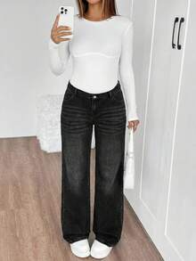 SHEIN 孕婦純色拉鍊開襟寬鬆直筒牛仔褲 - 黑色 - 查看 7