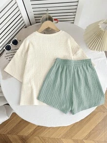 SHEIN 兒童青少年女孩純色針織短袖圓領上衣與寬鬆短褲休閒兩件套 - 薄荷綠 - 查看 2