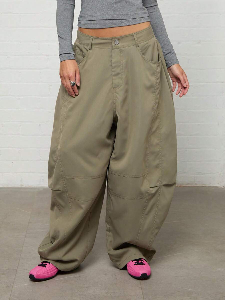 COUREZ Baggy Balloon Trousers With Seaming Detail /Y2K Wide Leg Pant Woman Fall Outfit For Women Fall Clothes Pants For Women Wide Leg Pants Woman - Army Green - View 1