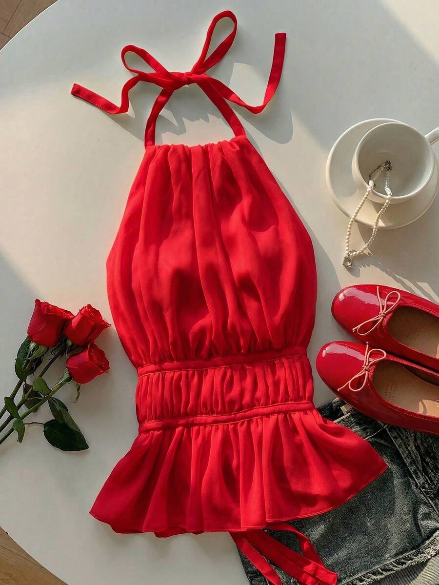 SHEIN EZwear 春夏紅色百褶掛脖收腰露背綁帶背心上衣 - 紅色 - 查看 1