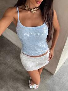 Aloruh Atasan Tank Top Camisole Patchwork Renda Payet Gaya Jalanan Harian Terbaru untuk Wanita, Warna Biru untuk Liburan Musim Panas - Baby Blue - View 6