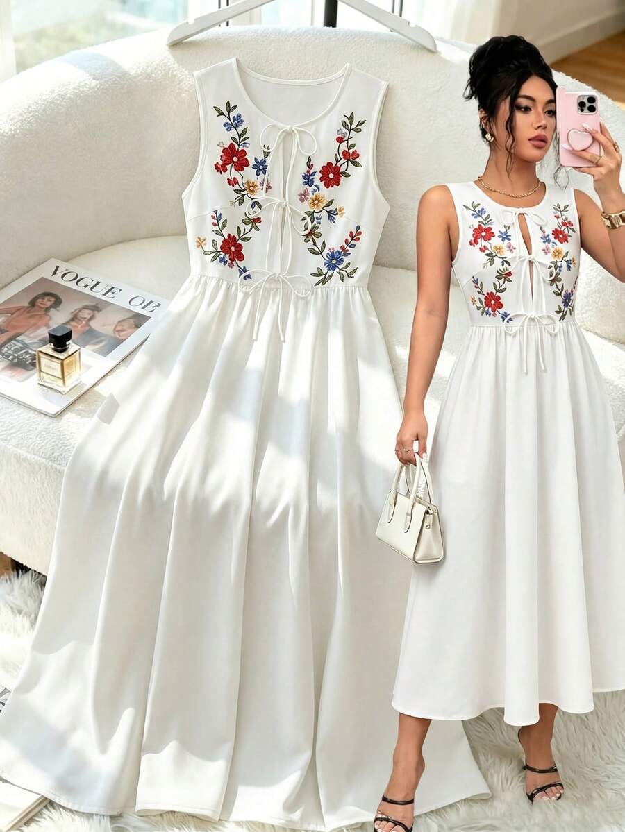 SHEIN Franclia 女士休闲度假风无袖印花系带连衣裙 - 白色 - 查看 1