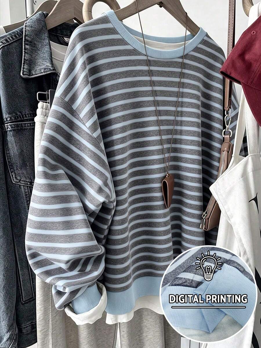 SHEIN Women's Grey Striped Pattern Oversized Sweatshirt,Autumn Back-To-School School Korean Style Fashionable Versatile Colorful Crew Neck Outerwear Winter - Multicolor - View 1