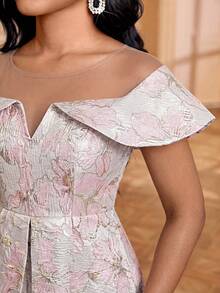 Fleurora Women's Jacquard Contrast Mesh Elegant Sexy Sequin Long Dress, Pastal Midi Off Shoulder Floral Pleated Wedding Golf Dinner Date Formal Beige Summer - Pink - View 4