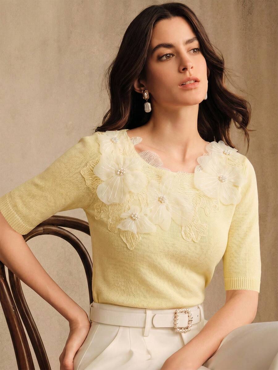 Anewsta Summer Casual Pale Yellow Textured Floral Decor Knit T-Shirt, Versatile Elegant Garden Party - Pale Yellow - View 1