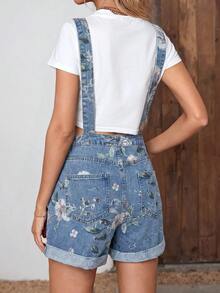 SHEIN Unity 女款花卉印花口袋休閒牛仔吊帶短褲 - 彩色 - 查看 2