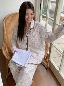 Dazy Plus 两件套加大码女士休闲碎花宽松睡衣套装，包括翻领衬衫和裤子 - 白色 - 查看 8