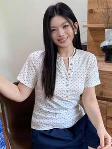 Dazy Plus Polka Dot All-Over Print White Top With Colorful Buttons, Casual Slim Fit Short Sleeve Plus Size Women's Spring/Summer T-Shirt Cute Tops - White - View 4