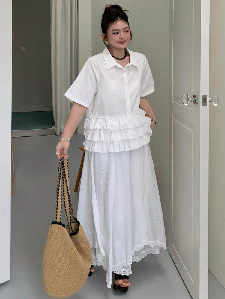 Dazy Plus Plus Size Women's Solid Color Ruffle Collar Casual Patchwork Short Sleeve Shirt, White, Spring/Summer