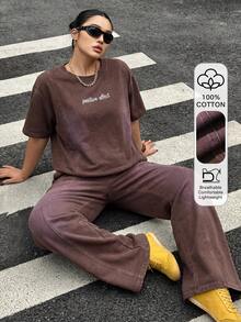 Dazy Plus Plus Size Women 2-Piece Set, Letter Embroidery Washed Dark Blue Loose Long Sleeve Top And Pants, Suitable For Spring And Autumn Summer - Brown - View 1