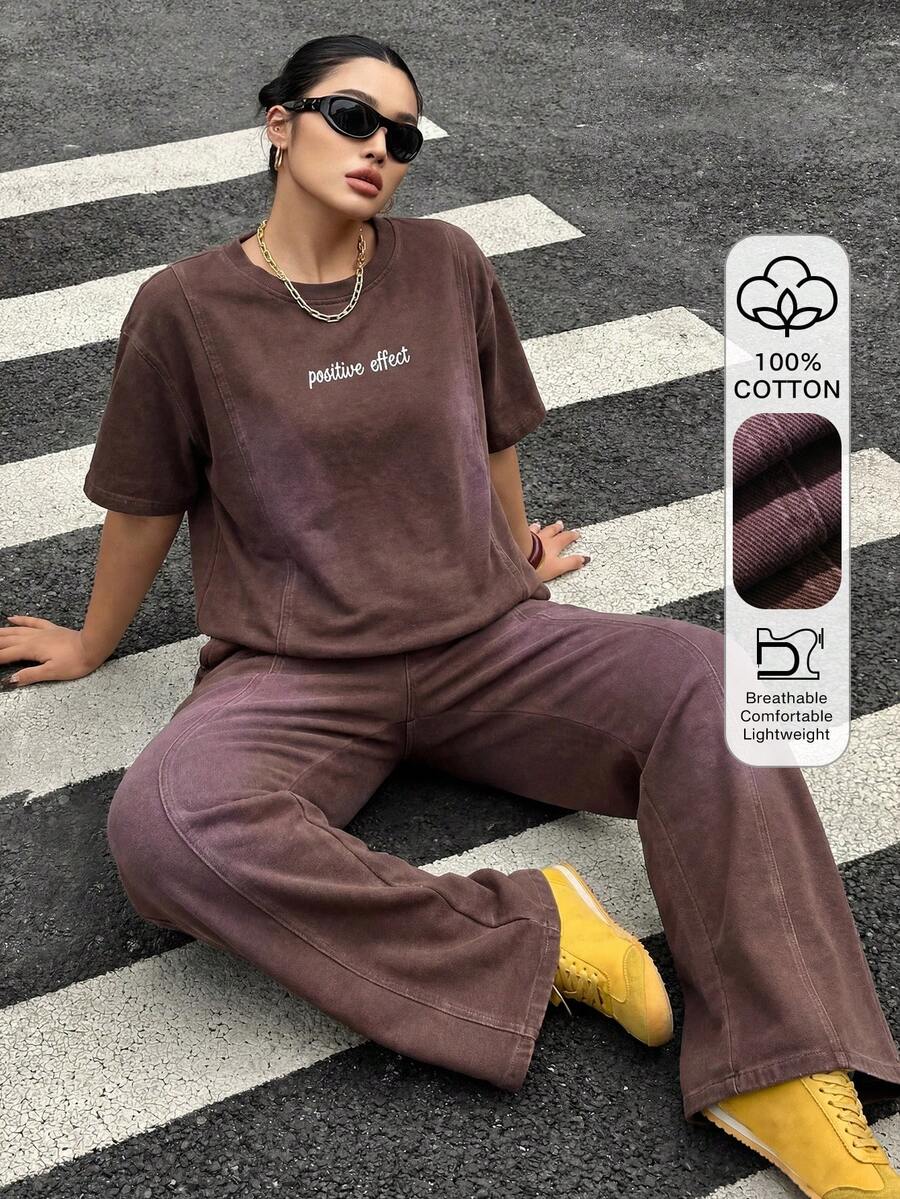 Dazy Plus Plus Size Women 2-Piece Set, Letter Embroidery Washed Dark Blue Loose Long Sleeve Top And Pants, Suitable For Spring And Autumn Summer - Brown - View 1
