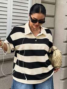Dazy Plus 拼色拼接寬鬆條紋 Polo 領中袖休閒夏季大尺碼女款 T-shirt - 黑與白 - 查看 5