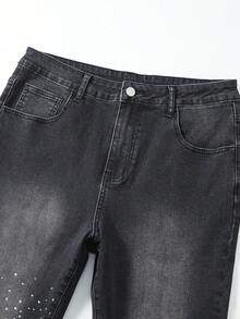 ROMWE MEN 男士水鑽裝飾破洞修身顯瘦時尚牛仔褲 - 黑色 - 查看 5