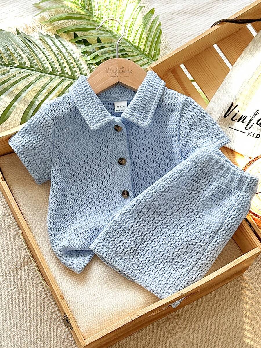 Vintaside Kids 男嬰2件組上衣與短褲套裝，田園度假鄉村風，立體紋理面料，棉麻手感，舒適柔軟百搭時尚可愛休閒外出套裝