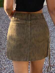 DAZY Women's Olive Green Print Denim Skirt With Large Pockets, Utility Street Casual Style Y2K Summer Everyday Daytime - Brown - View 5
