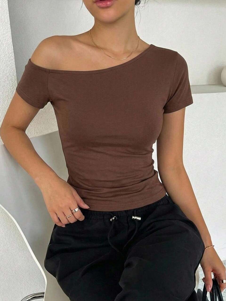 Summer Casual Solid Color Asymmetric Neck Short Sleeve T-Shirt Everyday Coffee Brown