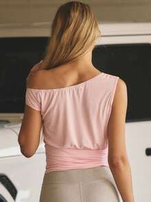 Aralina Leisurewear Active Women's Off The Shoulder Tight Waist T Shirt Gym Workout Pilates Yoga Every Day Tee Y2K 90's Vibe Top - Pink - View 2