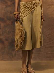 MUSERA Crochet Knit Beaded Sarong
Vintage Vacation Style Mesh Triangle Towel, Decorative Fringed Headband, Styling Accessories - Khaki - View 2
