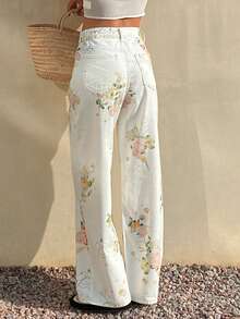 Livesso Women's Loose Straight-Leg Jeans With Floral All-Over Print, Suitable For Summer, Autumn And Spring, Casual Business Office Wear Vacation - White - View 7