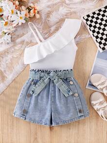 SHEIN Elladie kids 2 件套少女活泼可爱不对称上衣 + 牛仔短裤休闲儿童套装 - 白色 - 查看 6