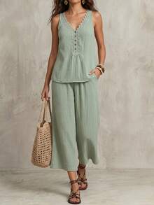 Levarali Women's Summer Sleeveless Tank Top And Cropped Wide Leg Pants Set Vacation Sage Green Boho Casual - Mint Green - View 6