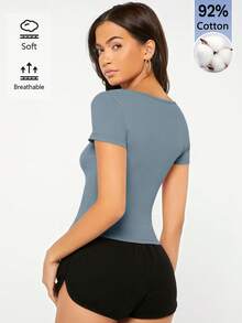SHEIN BASICS Women's Solid Color V-Neck Casual Versatile Daily Outing Short Sleeve T-Shirt - Blue - View 8
