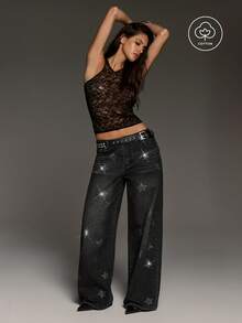 BAD SUNDAY Women's Elegant 90s Hot Girl Rhinestone Star-Shaped Wide Leg Loose Denim Jeans Versatile Commute School Y2k Night Out Concert Black And Silver Summer - Black - View 4