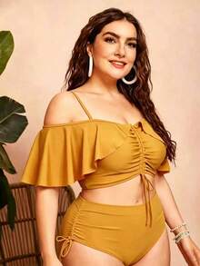Swim Chiccia Plus Size Women's 2-Piece Solid Color Spaghetti Strap Off-Shoulder Ruffle Drawstring Split Swimsuit, Fashionable Elegant Boho Beach Vacation Butter - Yellow - View 3