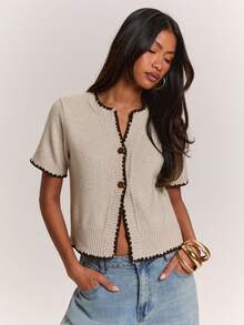 SHEIN BAE Regular Women's Gold Button Knit Cardigan - Khaki - View 5