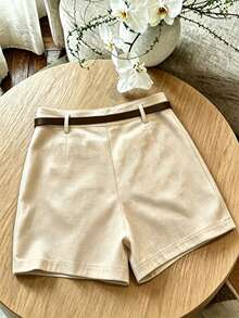 Franclia Casual Commute Fashion Versatile Mid-To-High Waist With Belt Summer New Khaki Solid Color Women's Shorts Pants - Khaki - View 2