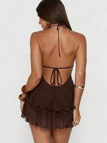 bohemio occidental, con bordado de cuentas, artesanía, patrón de estrella de mar, tejido de malla, cuello halter, espalda descubierta y dobladillo asimétrico, atuendo de festival para mujer - Marrón - Ver 6