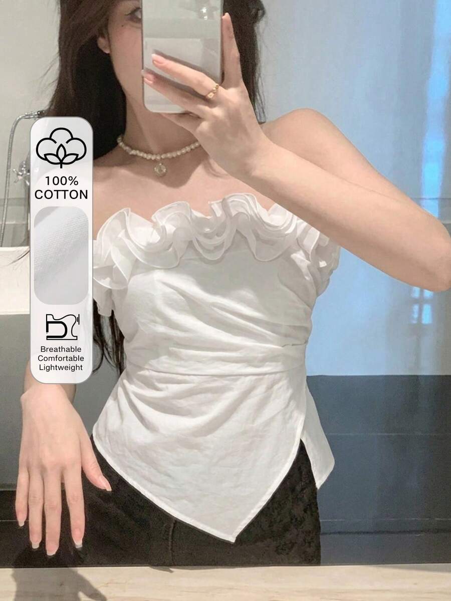 DAZY 女款全花卉植物印花休閒度假夏季抹胸上衣 - 白色 - 查看 1