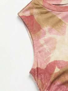 L'Amorae Women's Floral Print Pleated Fitted Mermaid Hem Round Neck Dress - Pink - View 3