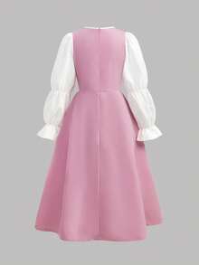 SHEIN Tween女孩優雅日常百搭舒適拼接對比色蝴蝶結領長袖洋裝，小學校服圍裙裙 - 粉色 - 查看 2