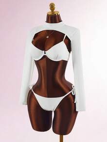 Amplova Women's 3 Pieces All White Sexy Sports Style Swimwear, Cute Underwire Design Beach Party Summer - White - View 10