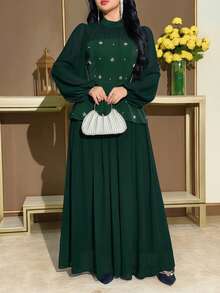Modelyn 女款優雅仿珍珠裝飾網紗燈籠袖洋裝 - 墨綠色 - 查看 5