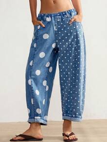 Bohemela Women's Blue Polka Dot Elastic Waist Pocket Long Pants Daily Autumn Casual - Medium Wash - View 7