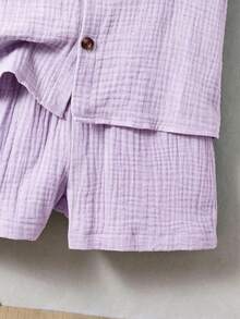 Souflis Souflis 2pcs Young Boy Casual Simple Preppy Cotton Regular Shoulder Short Sleeve Shirt And Shorts Set, Suitable For Daily Wear, Summer, Cotton Linen Birthday - Purple - View 4