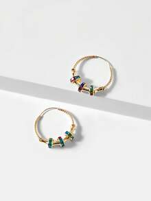 MOTF PREMIUM Pendientes vintage con micro engaste de piedra de color y círculo chapados en oro - Multicolor - Ver 8