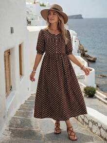 EMERY ROSE Women's Round Neck Mid-Sleeve Brown And White Polka Dot Long Dress Vacation Summer Boho - Multicolor - View 4